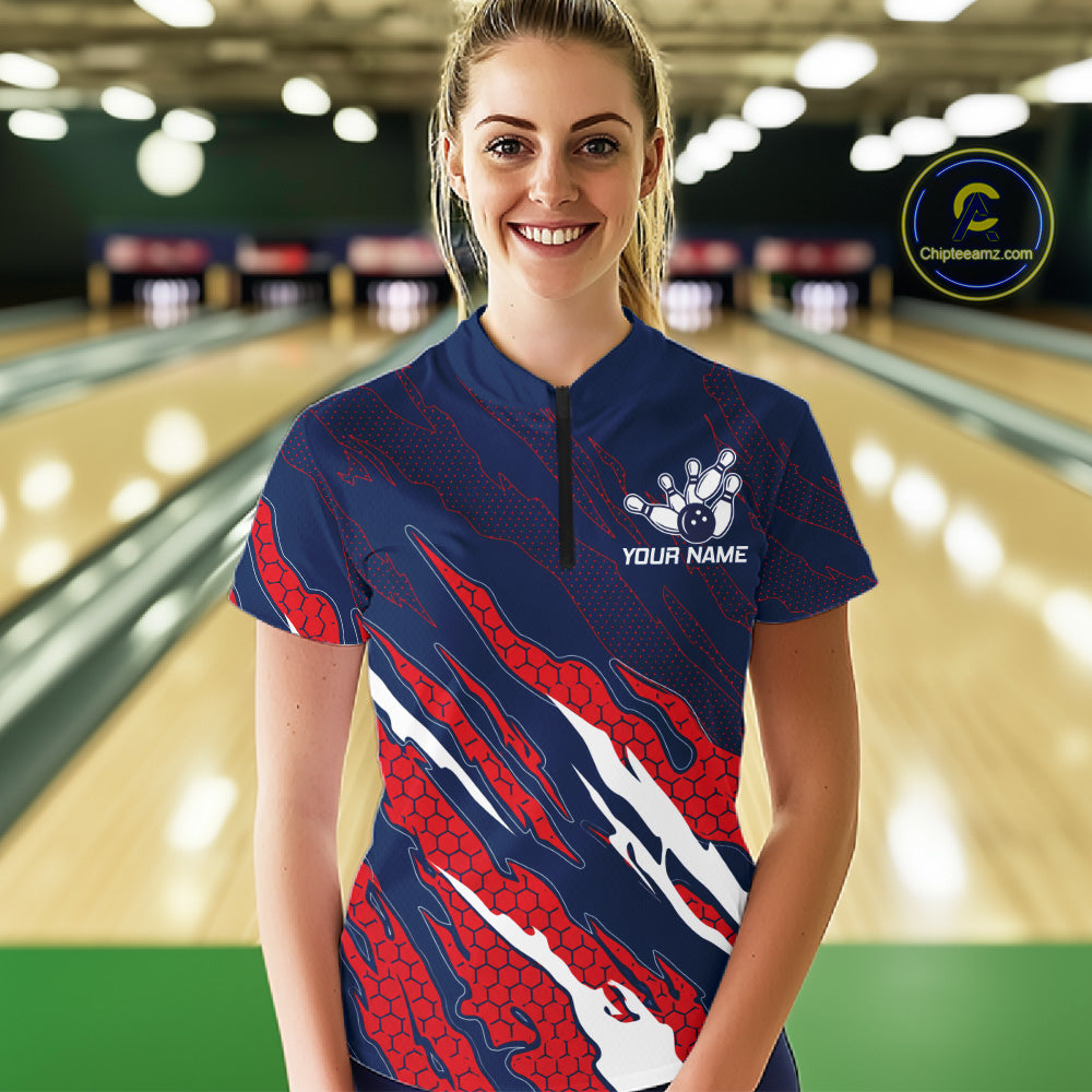 Woman wearing blue and red US flag bowling quarter zip shirt front view.
