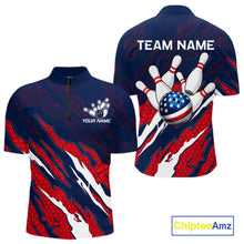 Load image into Gallery viewer, Blue and red US flag bowling quarter zip shirt for men, custom bowling league jersey.