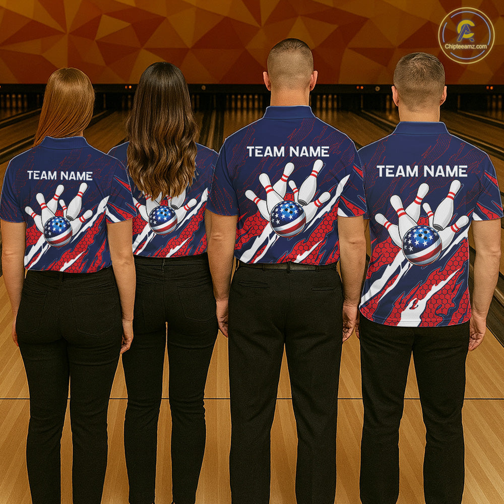 Bowling team wearing matching blue and red US flag jerseys back view.
