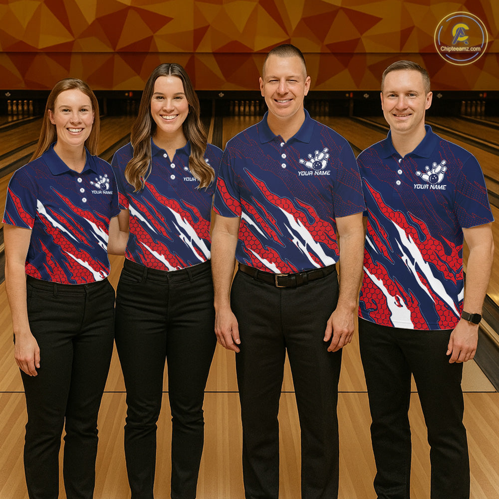 Bowling team wearing matching blue and red US flag jerseys front view.