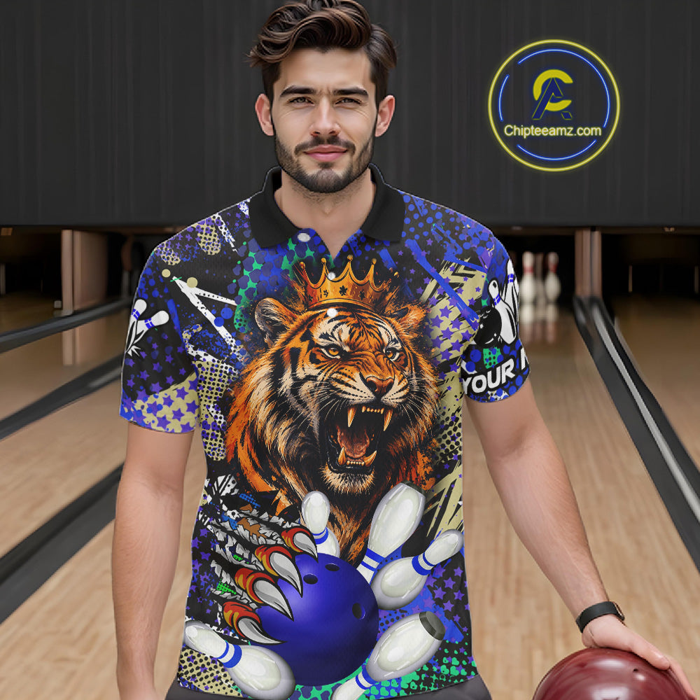 Man wearing blue graffiti tiger bowling polo shirt front view.