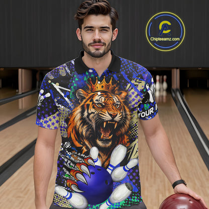 Man wearing blue graffiti tiger bowling polo shirt front view.