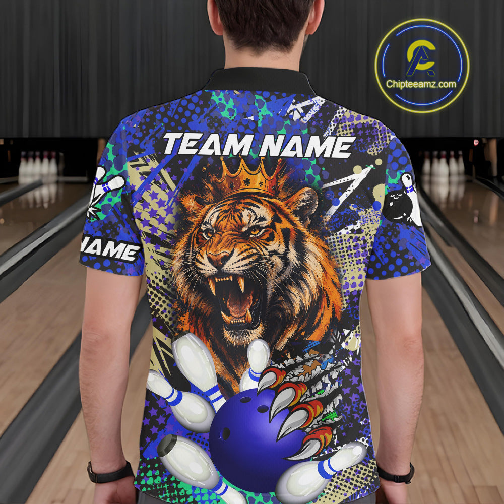 Man wearing blue graffiti tiger bowling polo shirt back view.