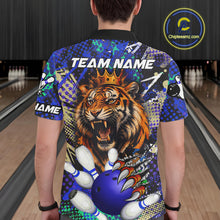 Load image into Gallery viewer, Man wearing blue graffiti tiger bowling polo shirt back view.