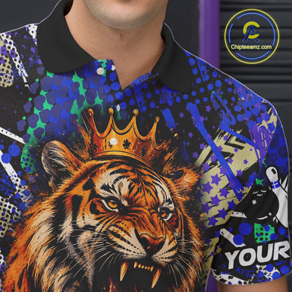 Close up of blue graffiti tiger bowling polo shirt collar, buttons and chest design.