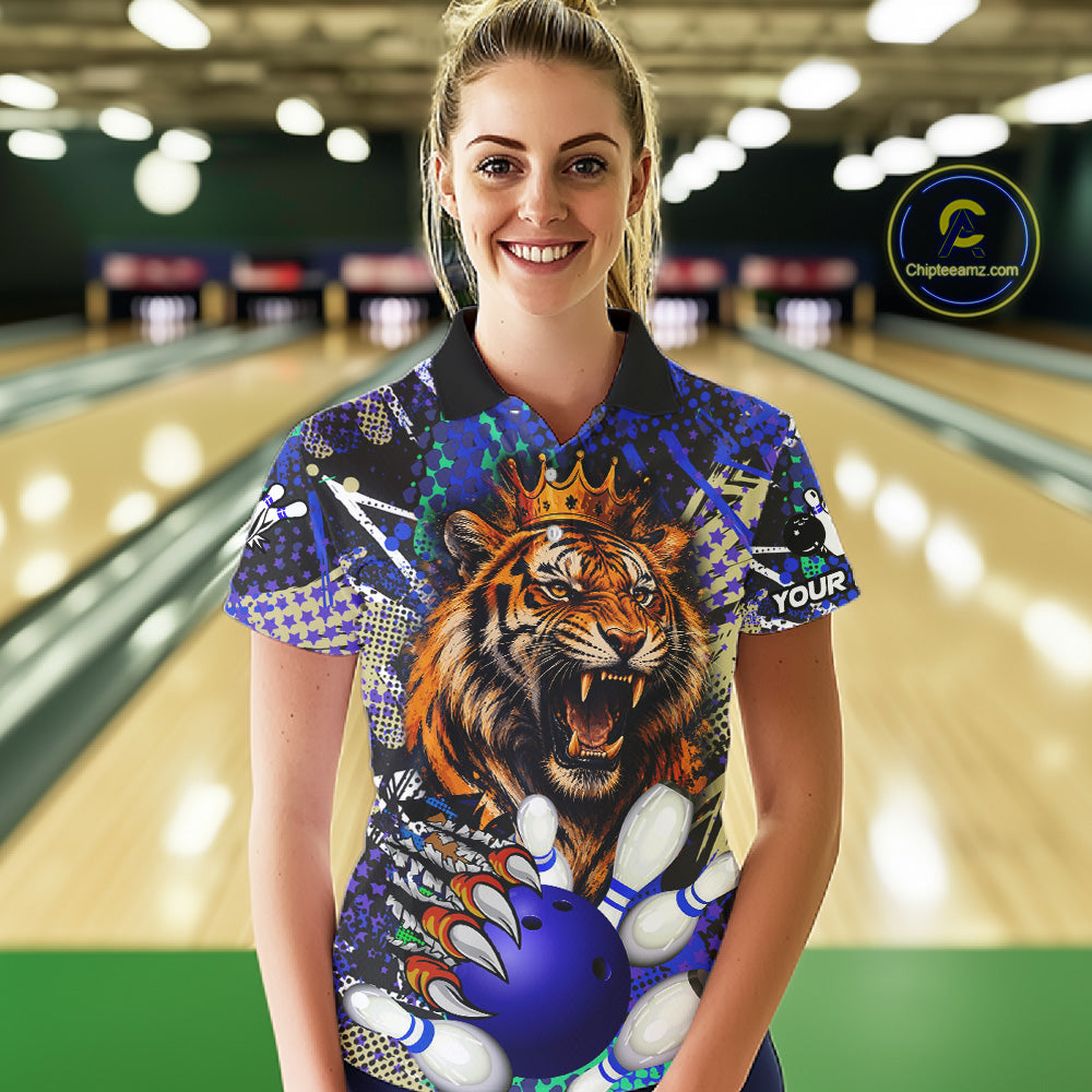 Woman wearing blue graffiti tiger bowling polo shirt front view.
