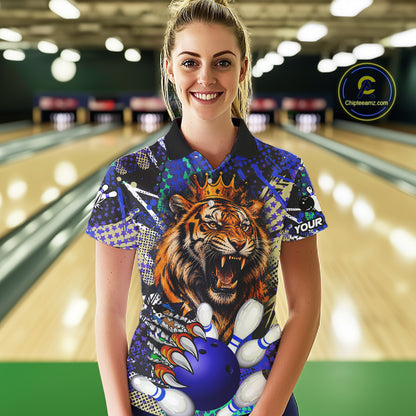 Woman wearing blue graffiti tiger bowling polo shirt front view.