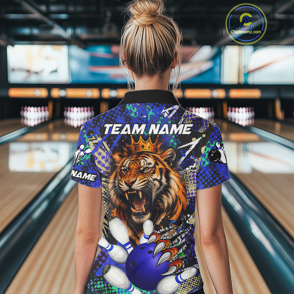 Woman wearing blue graffiti tiger bowling polo shirt back view.