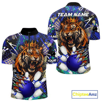 Blue graffiti tiger bowling quarter zip shirt for men, custom bowling league jersey.