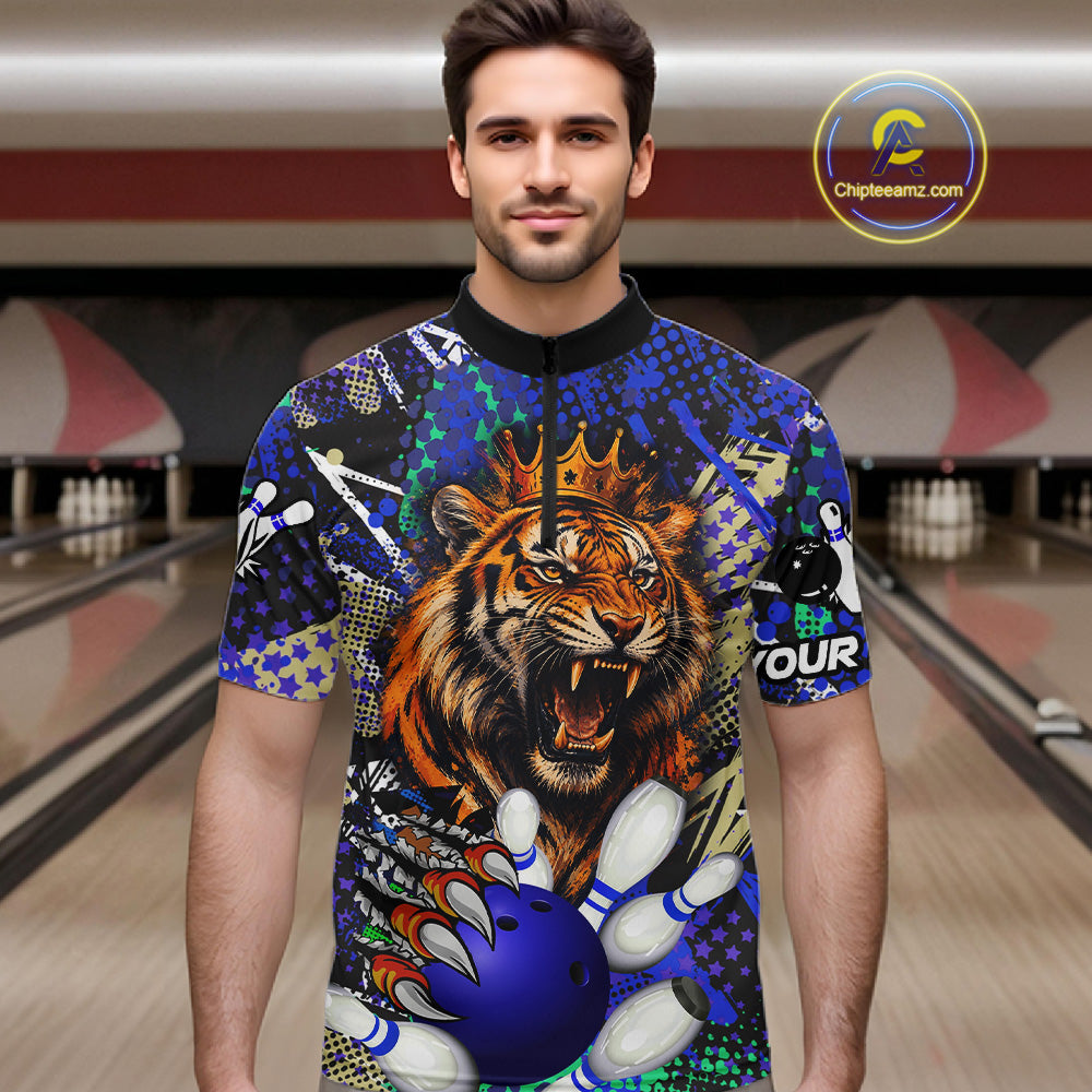 Man wearing blue graffiti tiger bowling quarter zip shirt front view.