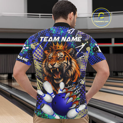 Man wearing blue graffiti tiger bowling quarter zip shirt back view.
