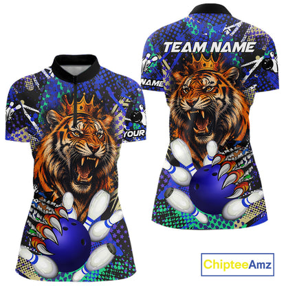 Blue graffiti tiger bowling quarter zip shirt for women, custom bowling league jersey.