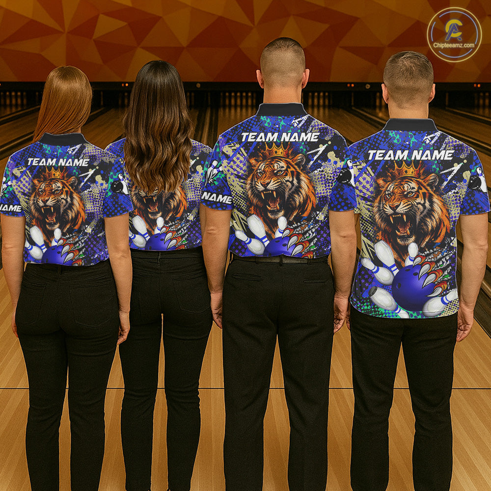 Bowling team wearing matching blue graffiti tiger jerseys back view.