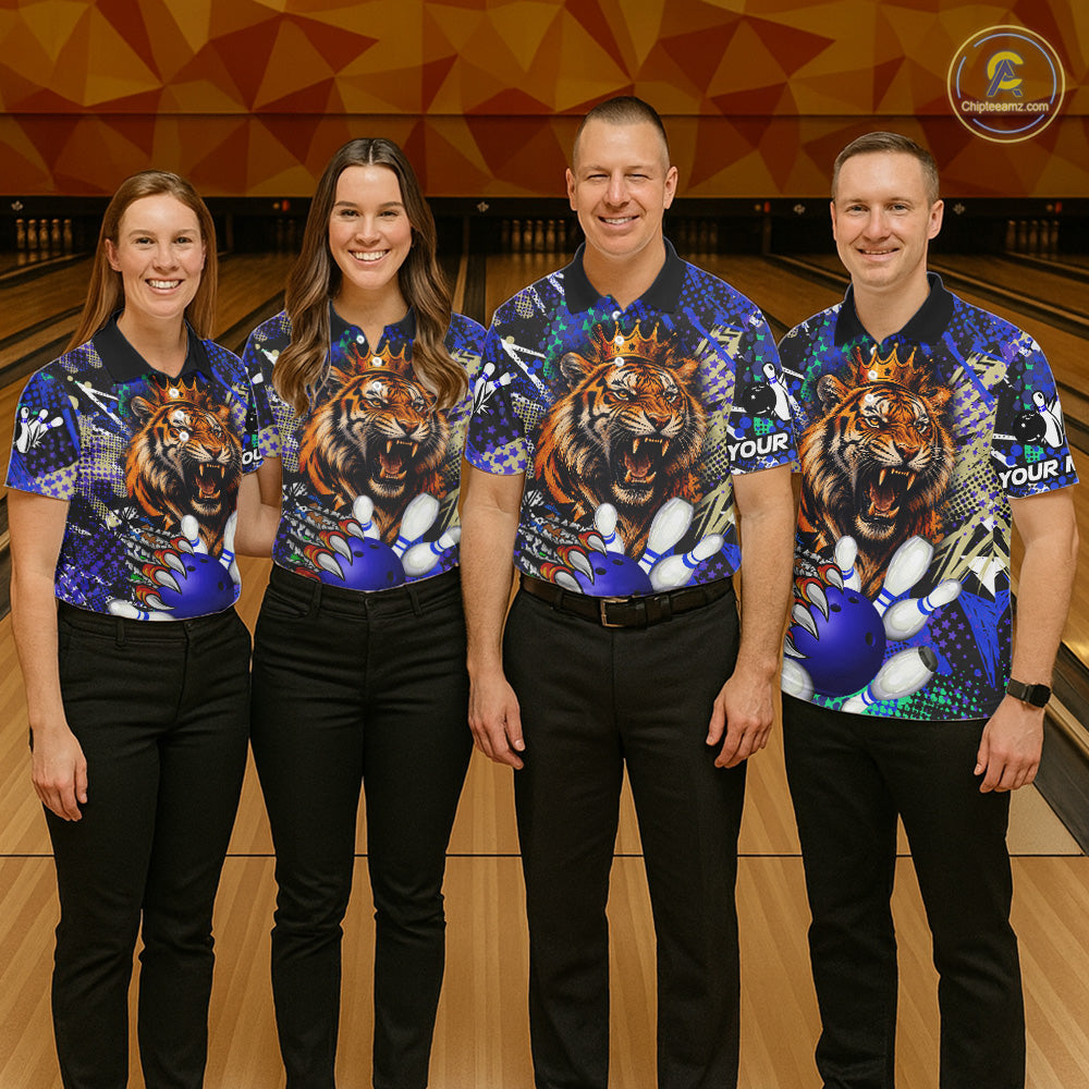 Bowling team wearing matching blue graffiti tiger jerseys front view.