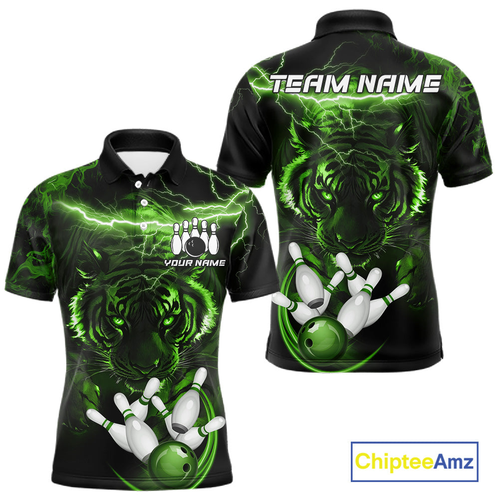 Green thunder lightning tiger bowling team polo shirt for men with tiger graphic design.