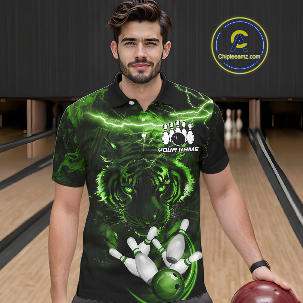 Man wearing green thunder lightning tiger bowling polo shirt front view.