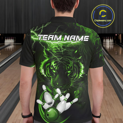 Man wearing green thunder lightning tiger bowling polo shirt back view.