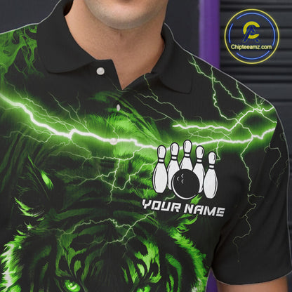 Close up of green thunder lightning tiger bowling polo shirt collar, buttons and chest design.
