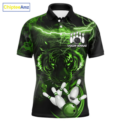 Green thunder lightning tiger bowling polo shirt for men, custom bowling team jersey.