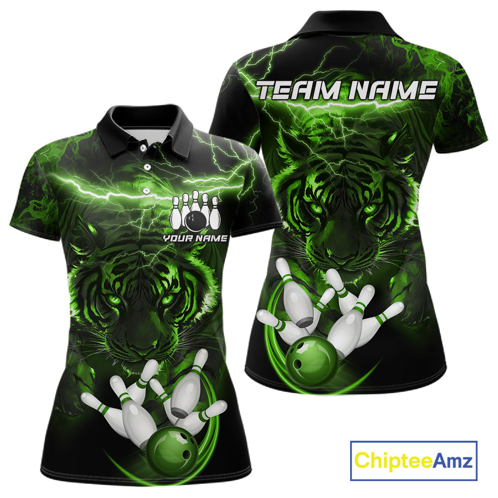Green thunder lightning tiger bowling team polo shirt for women with tiger graphic design.
