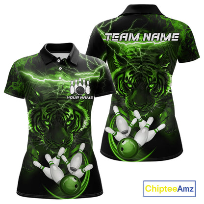 Green thunder lightning tiger bowling team polo shirt for women with tiger graphic design.