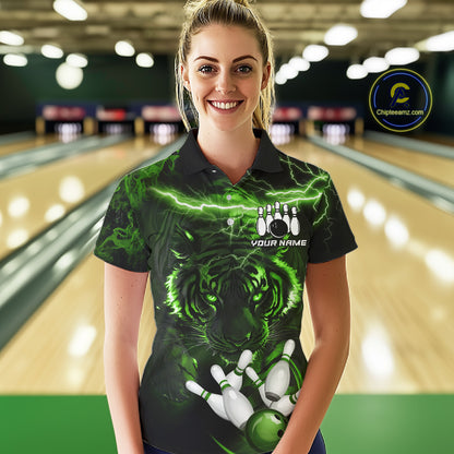 Woman wearing green thunder lightning tiger bowling polo shirt front view.