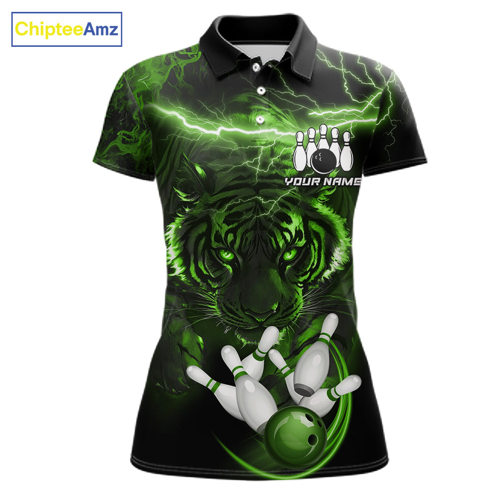 Green thunder lightning tiger bowling polo shirt for women, custom bowling team jersey.