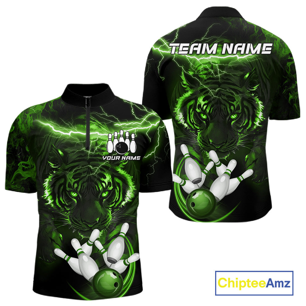 Green thunder lightning tiger bowling quarter zip shirt for men, custom league jersey.