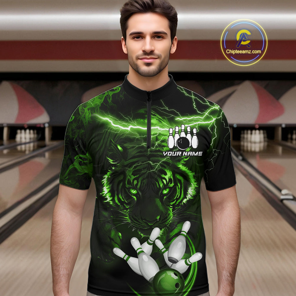 Man wearing green thunder lightning tiger bowling quarter zip shirt front view.