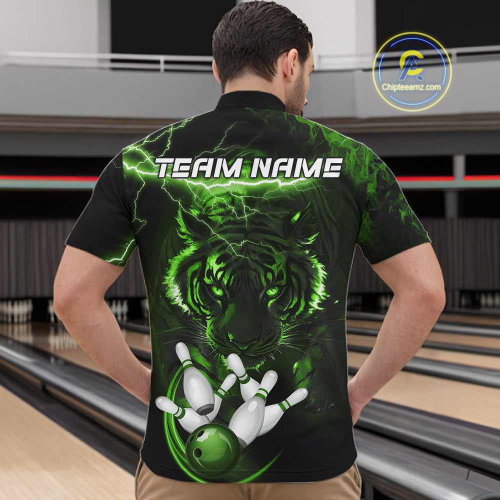 Man wearing green thunder lightning tiger bowling quarter zip shirt back view.