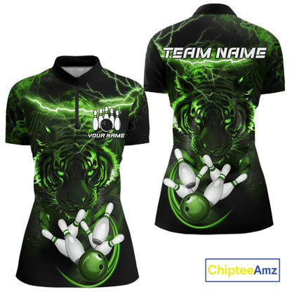 Green thunder lightning tiger bowling quarter zip shirt for women, custom league jersey.