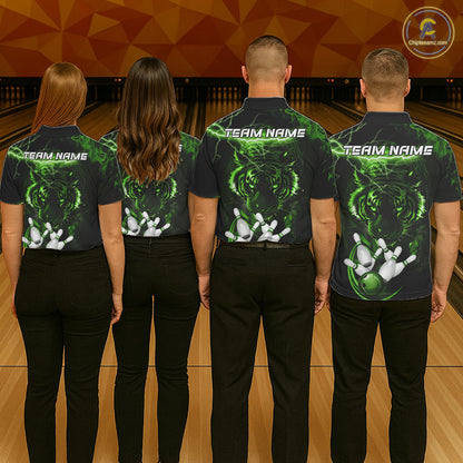 Bowling team wearing matching green thunder lightning tiger jerseys back view.