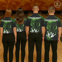 Load image into Gallery viewer, Bowling team wearing matching green thunder lightning tiger jerseys back view.