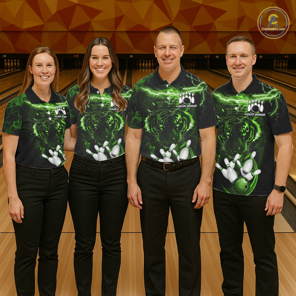 Bowling team wearing matching green thunder lightning tiger jerseys front view.