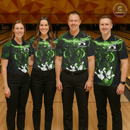 Bowling team wearing matching green thunder lightning tiger jerseys front view.