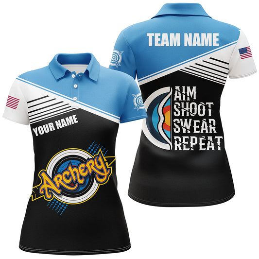 Archery Aim Shoot Swear Repeat Personalized Women Polo Shirts Custom Funny Saying Archery Shirts TDM0463