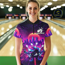 Load image into Gallery viewer, Custom Retro Funny Neon Bowling Shirt For Women, Pink And Purple Bowling Team Jersey Polo &amp; 1/4 Zip TDM6220
