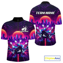 Load image into Gallery viewer, Custom Retro Funny Neon Bowling Shirt For Men, Pink And Purple Bowling Team Jersey Polo &amp; 1/4 Zip TDM6220