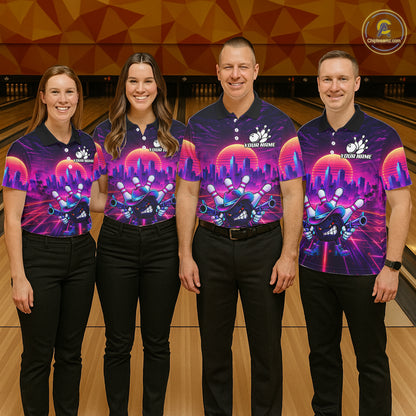 Custom Retro Funny Neon Bowling Shirt For Women, Pink And Purple Bowling Team Jersey Polo & 1/4 Zip TDM6220