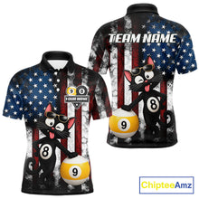 Load image into Gallery viewer, Men’s funny cat 8 ball pool polo shirt with American flag billiard graphics and playful style.