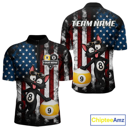 Men’s funny cat 8 ball billiard quarter zip shirt for tournaments and casual pool matches.
