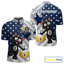 Load image into Gallery viewer, Men’s funny cat billiard quarter zip shirt with 8 ball and 9 ball artwork for league play.
