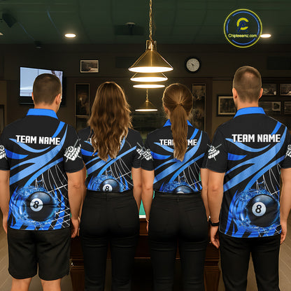 Back view of pool players wearing custom blue flame billiard shirts in a game room.