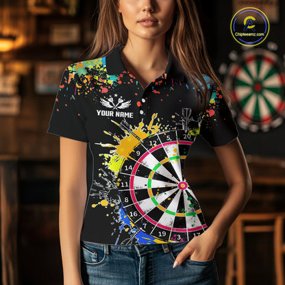 Funny Dartboard Colorful Paint Dart Shirt For Women Custom Darts Team Jersey Polo & 1/4 Zip |Black TDM5624