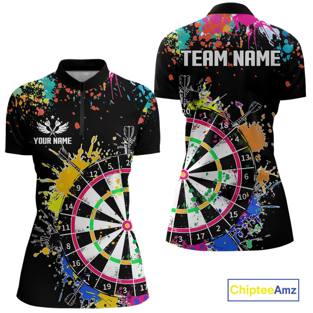 Funny Dartboard Colorful Paint Dart Shirt For Women Custom Darts Team Jersey Polo & 1/4 Zip |Black TDM5624