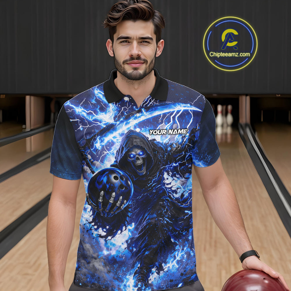 Blue Grim Reaper Fire Smoke Bowling Jersey For Men Custom Bowling Team Shirt Polo & 1/4 Zip TDM6234