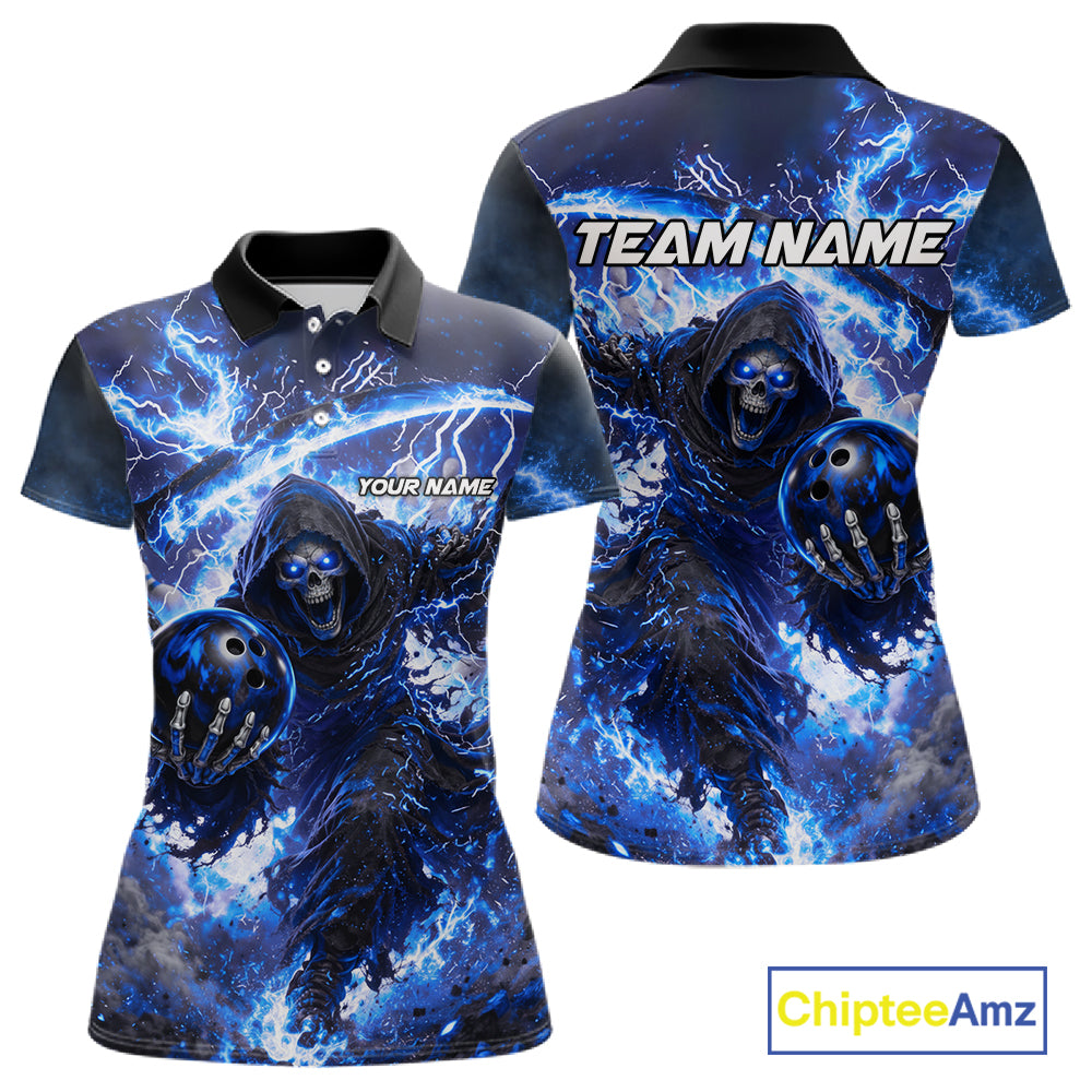Blue Grim Reaper Fire Smoke Bowling Jersey For Women Custom Bowling Team Shirt Polo & 1/4 Zip TDM6234