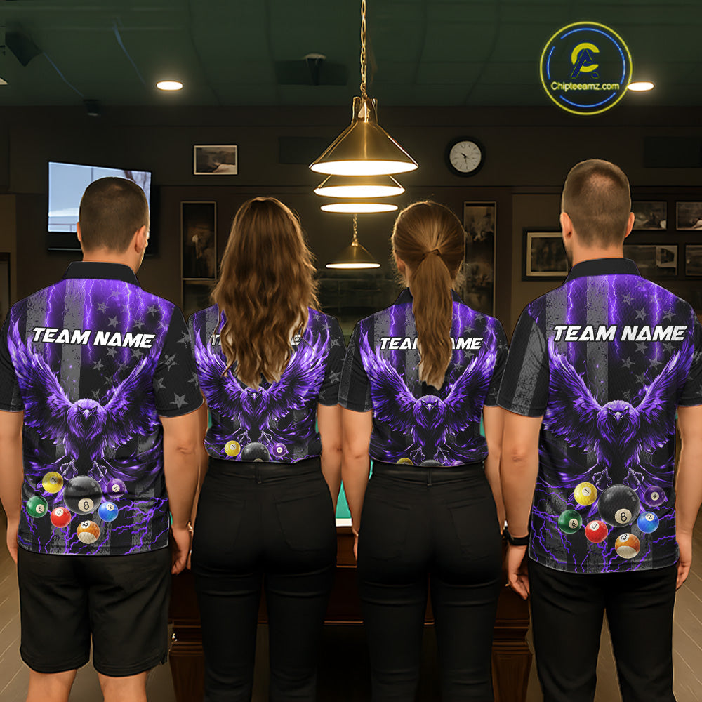 Back view of pool players wearing matching purple lightning billiard shirts in a game room.