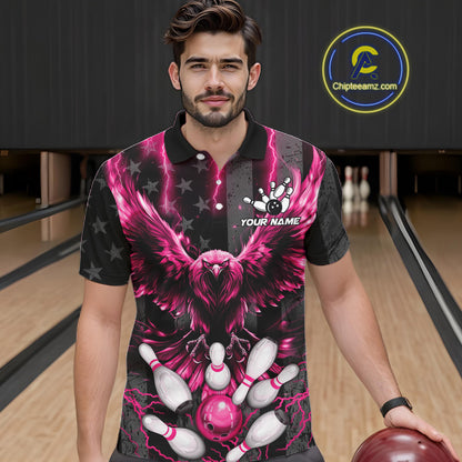 Man wearing a pink lightning eagle bowling polo shirt at a bowling alley front view.