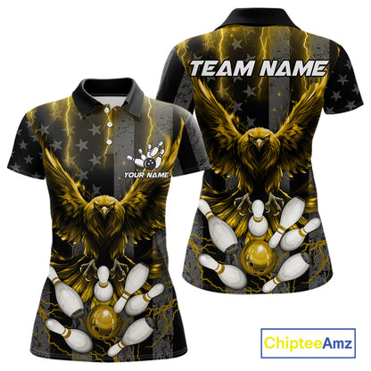 Yellow lightning eagle bowling polo shirt for women with patriotic American flag team graphics.